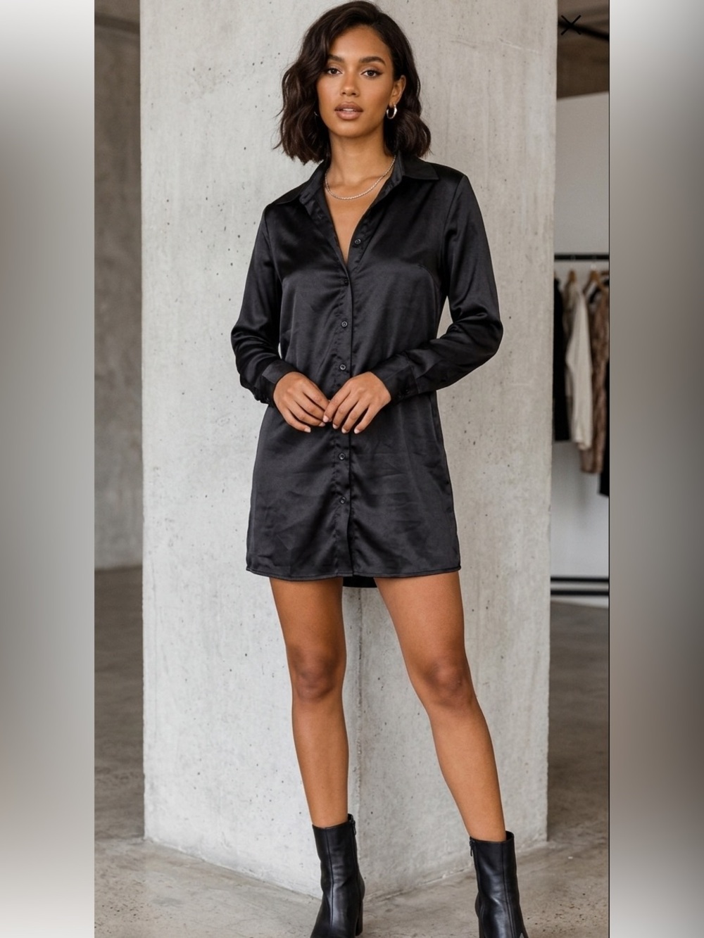Princess Polly Black Satin Button Down Shirt Dress Long Sleeve Mini Size 4‎